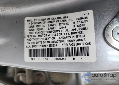 2014 Honda Civic Ex from USA, damaged, VIN 2HGFB2F8XEH538674